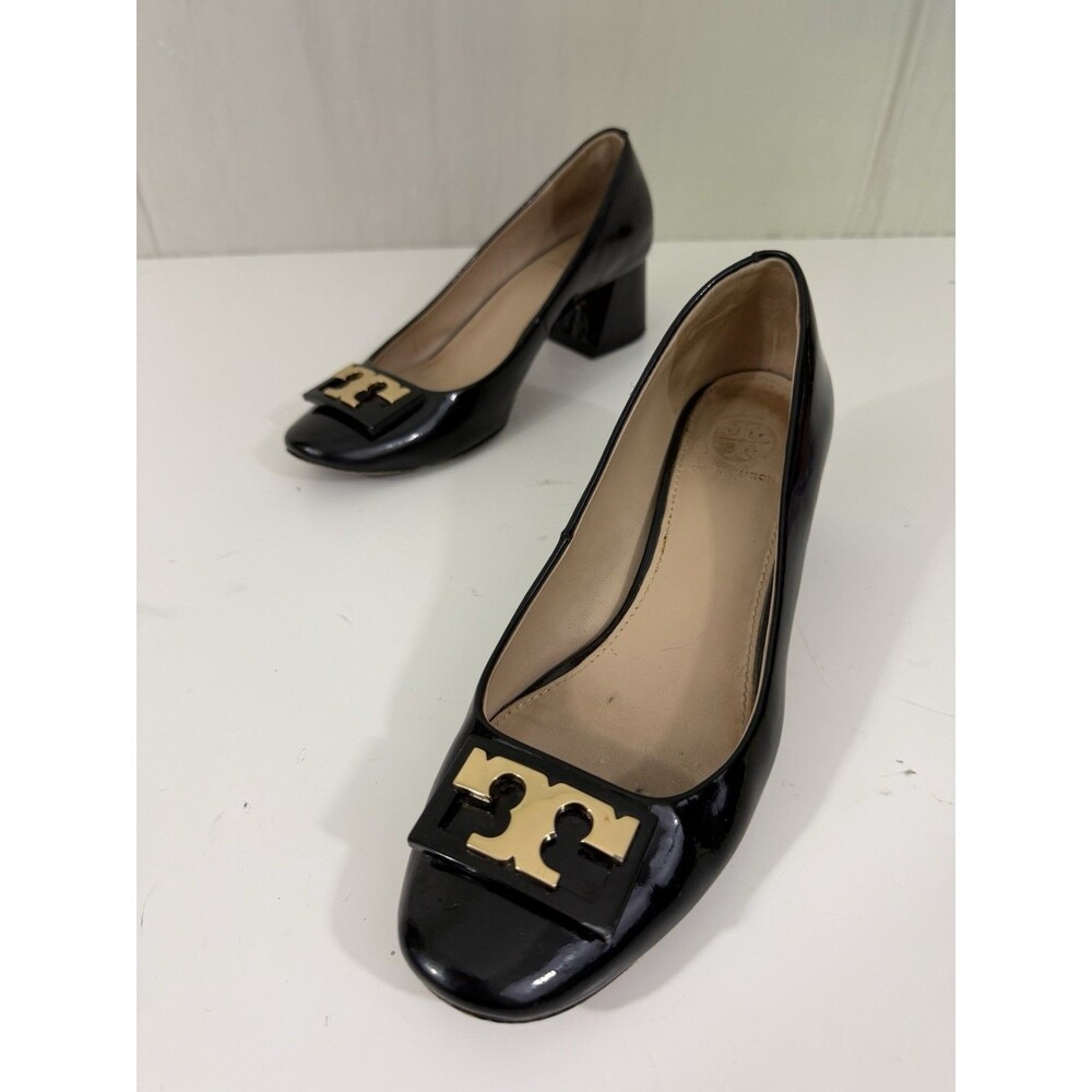 Tory Burch Gigi Black Patent Leather Block Heel Logo Pumps Sz 7 Classic Preppy